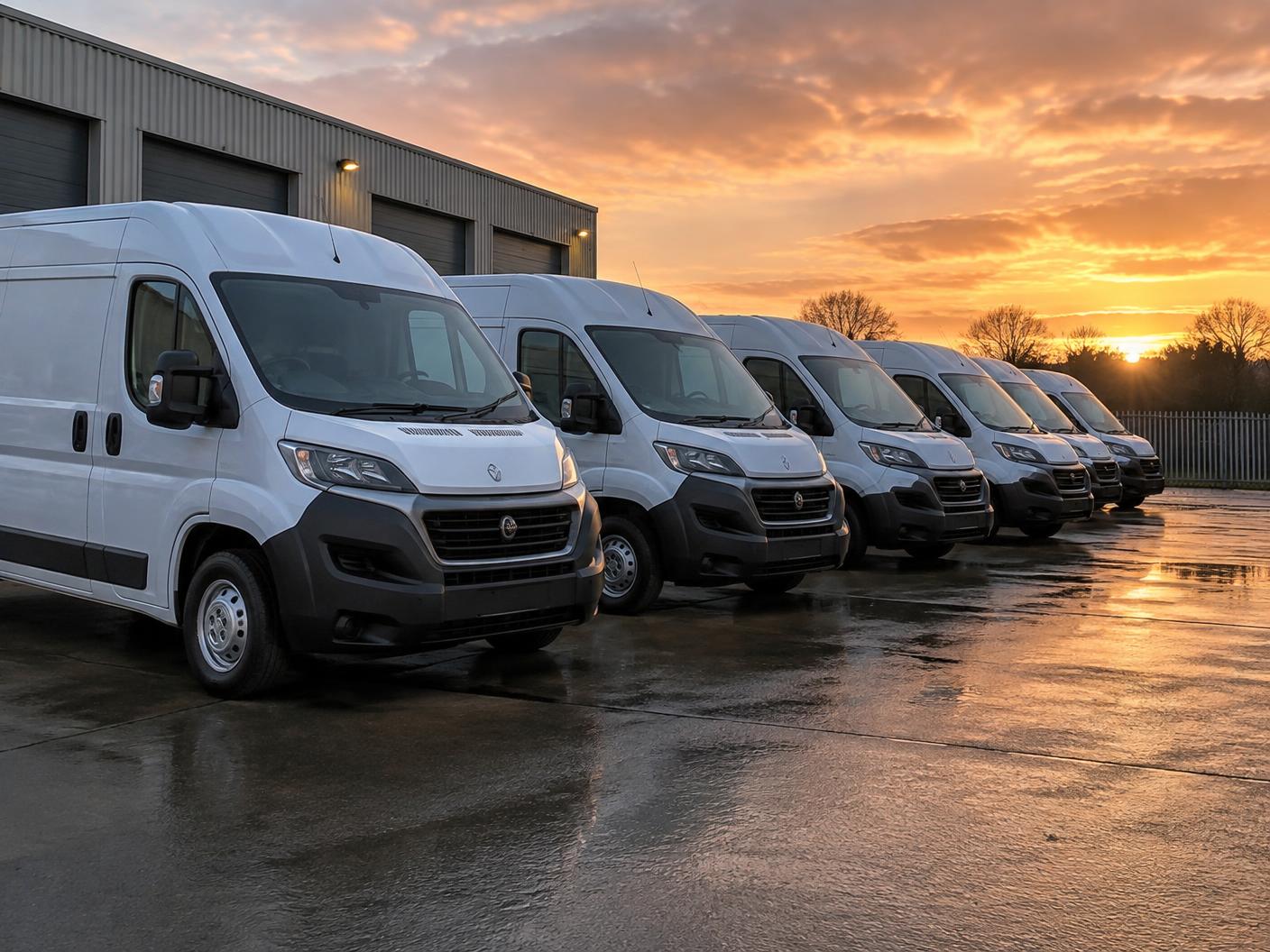 Commercial van fleet in a depot yard, typical of vehicles using IoT tracking connectivity
