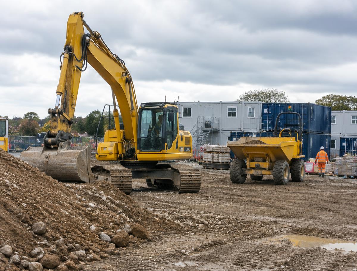 Plant machinery and site containers on a construction site, assets commonly monitored with IoT connectivity