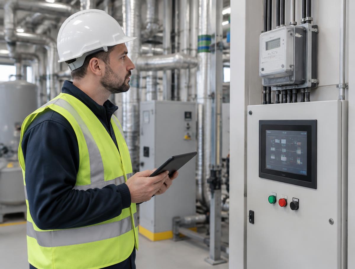 Engineer checking a smart meter and building control panel in a commercial plant room